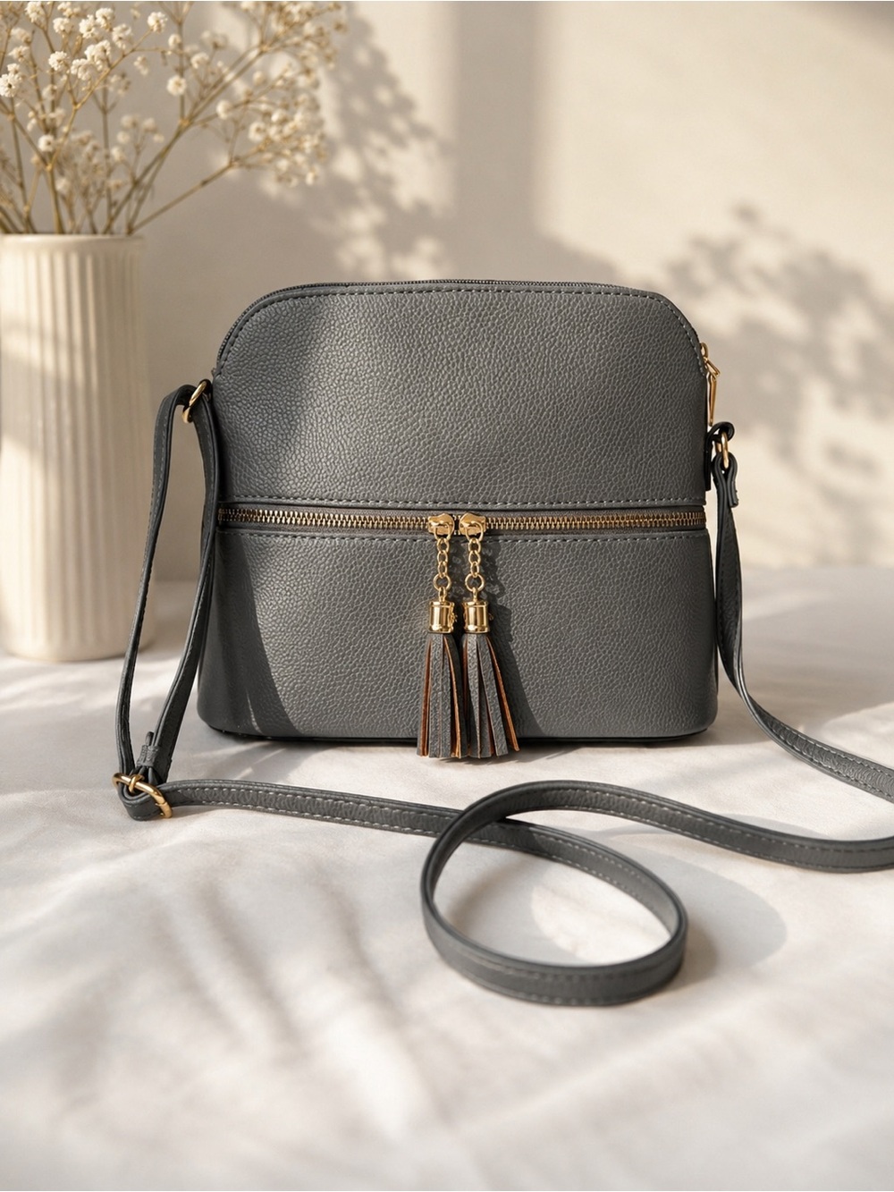 Blue Gray Faux Leather Pebbled Crossbody Bag with Gold Hardware Tassel Zippers